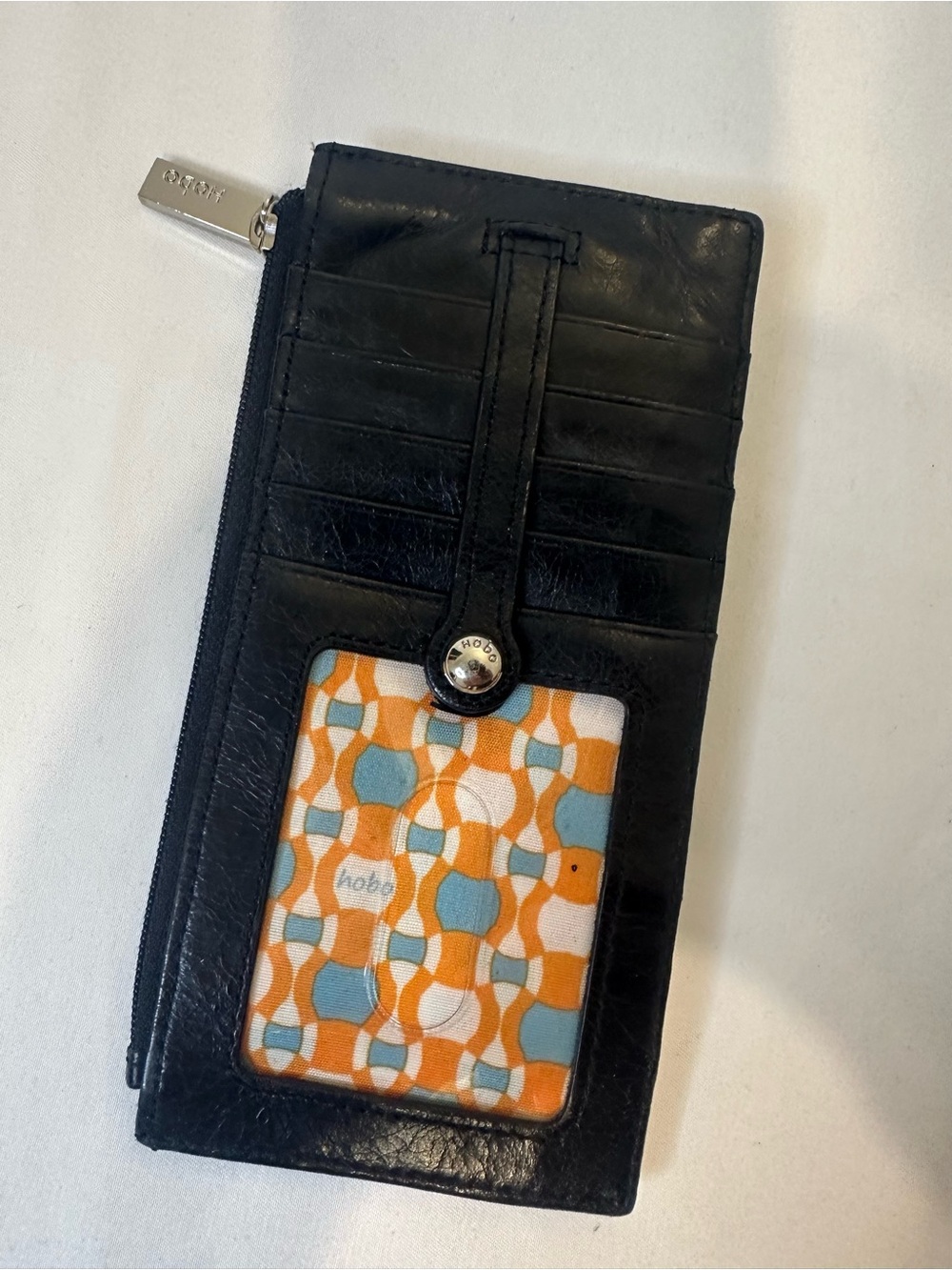 Hobo Black Leather Card Wallet with Orange & Blue ID Window